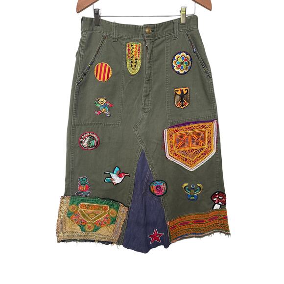 Linne by Gunda Japanese Denim Army Green Midi Skirt Embellished Mickey Women 30" - Picture 11 of 11